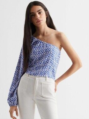 Mango Asymmetric Printed Top With Puffed Sleeve